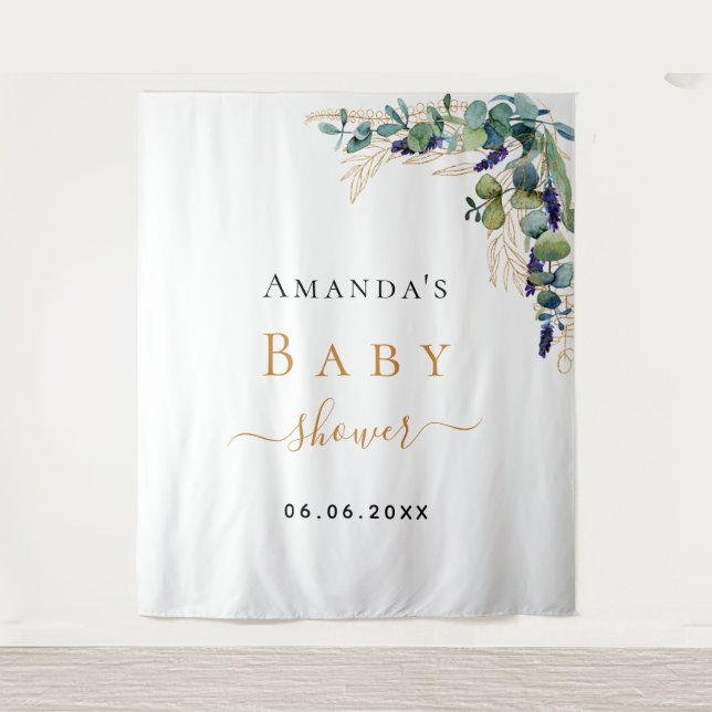 Baby Shower eucalyptus greenery gold name Tapestry (Front)