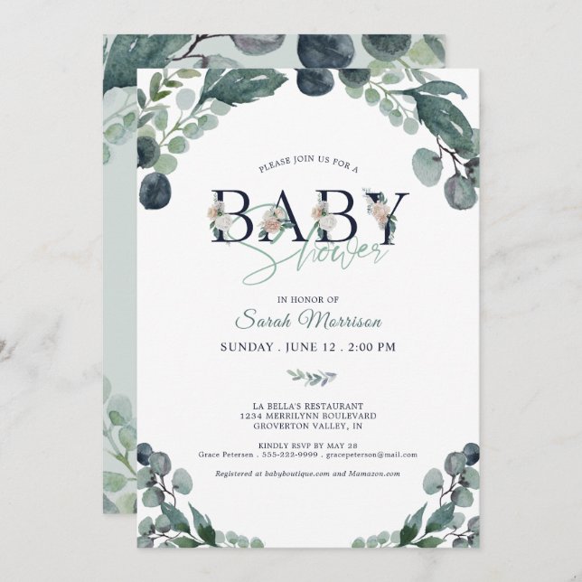 Baby Shower Eucalyptus Greenery Navy Blue Invitation (Front/Back)