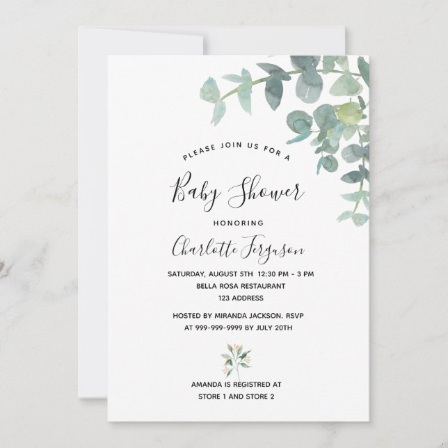 Baby Shower eucalyptus greenery white elegant Invitation (Front)