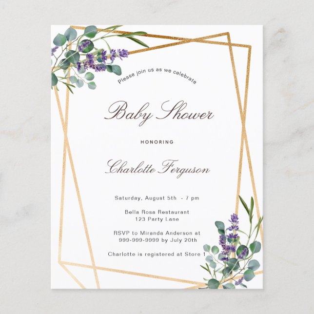 Baby shower eucalyptus lavender geo budget flyer (Front)
