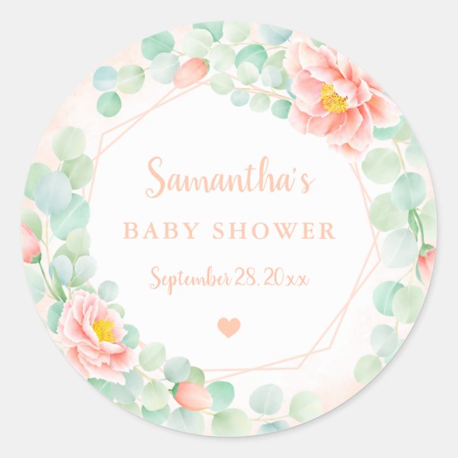 Baby Shower Eucalyptus Leaves Floral Wreath Peach Classic Round Sticker (Front)