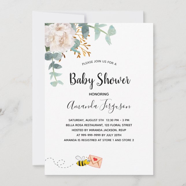 Baby Shower eucalyptus white floral mum to bee Invitation (Front)