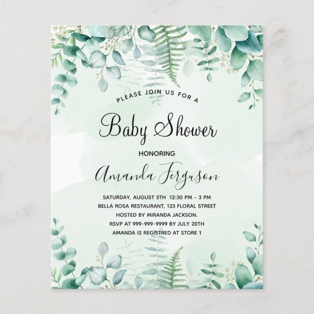 Baby shower eucalyptus woodland budget invitation flyer (Front)