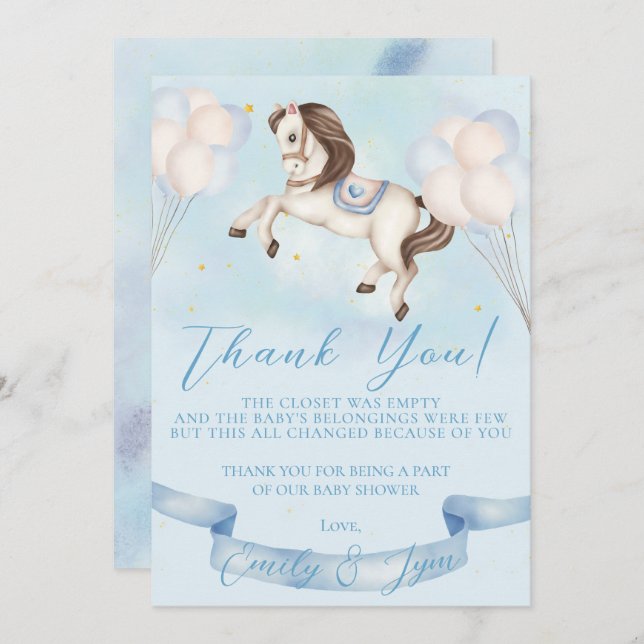 Baby Shower Fairytale Pony Stars Blue Balloons Thank You Card (Front/Back)