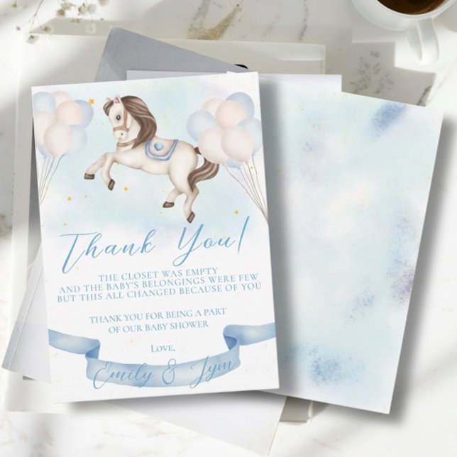 Baby Shower Fairytale Pony Stars Blue Balloons Thank You Card (Creator Uploaded)