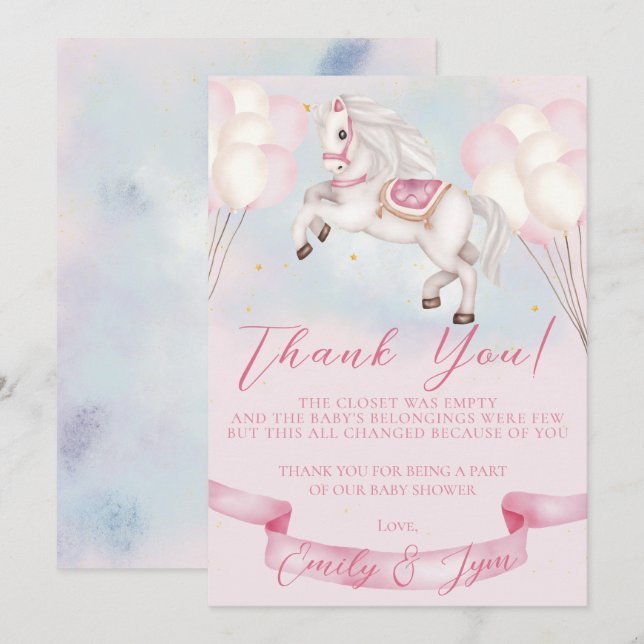 Baby Shower Fairytale Pony Stars Pink Balloons Thank You Card (Front/Back)