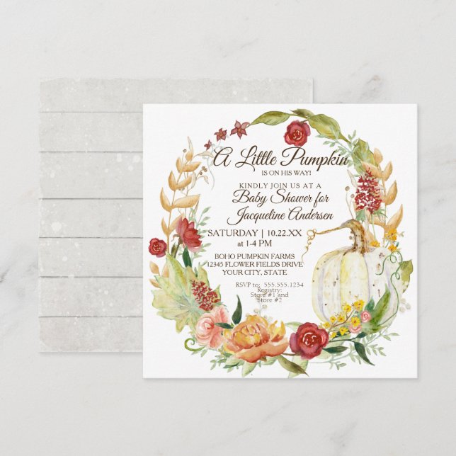 Baby Shower Fall Floral Burgundy White Pumpkin Invitation (Front/Back)