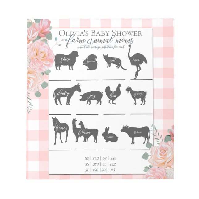 Baby Shower Farm Animal Games Coral Roses Gingham Notepad (Front)