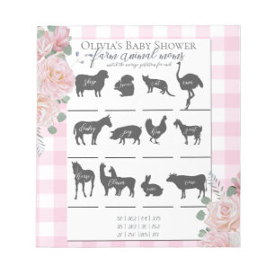 Baby Shower Farm Animal Games Pink Roses Gingham Notepad