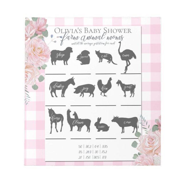 Baby Shower Farm Animal Games Pink Roses Gingham Notepad (Front)