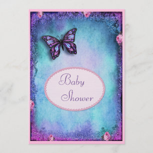Baby Shower Faux Glitter, Butterfly, Roses, Lace Invitation
