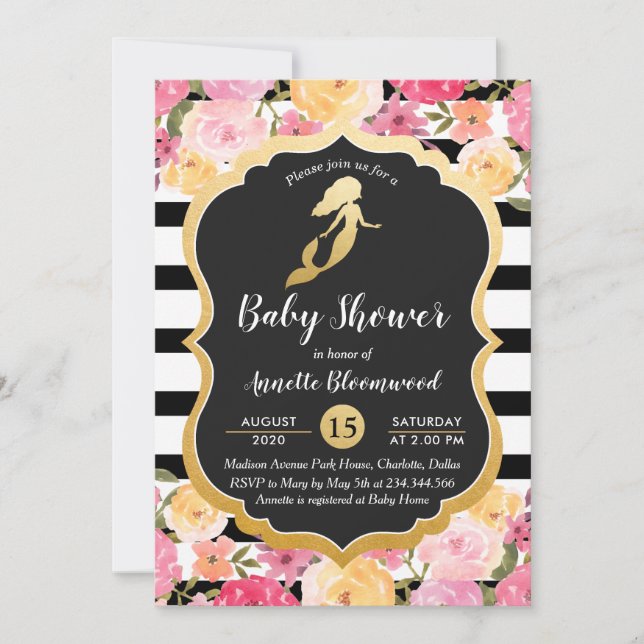 Baby Shower | Faux Gold Foil Mermaid | Floral Invitation (Front)