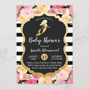 Baby Shower   Faux Gold Foil Mermaid   Floral Invitation