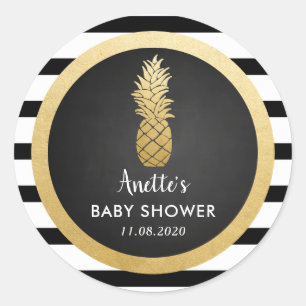 Baby Shower   Faux Gold Foil Pineapple   Stripes Classic Round Sticker