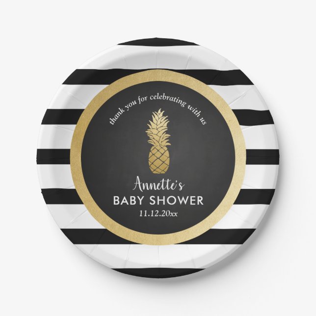 Baby Shower | Faux Gold Foil Pineapple | Stripes Paper Plate (Front)