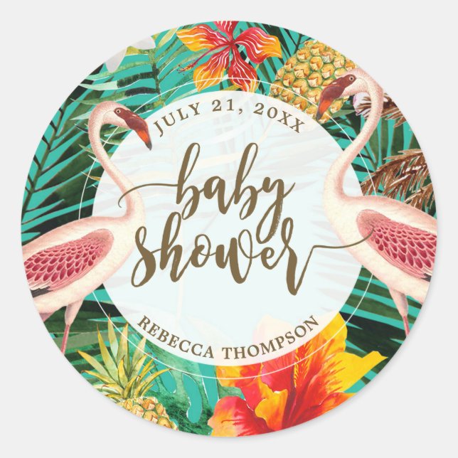 baby shower favor sticker tropical flamingo (Front)