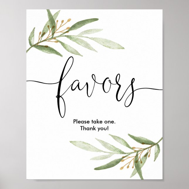 Baby shower favors sign greenery gold elegant (Front)