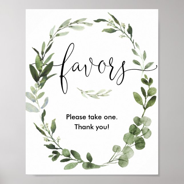 Baby shower favors sign greenery wreath elegant (Front)