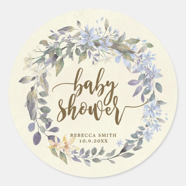 baby shower favors stickers boho blue floral (Front)