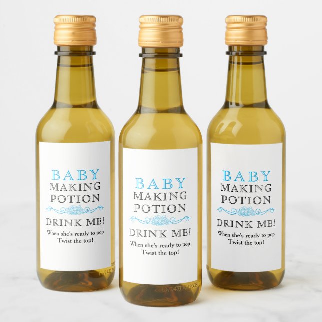 Baby Shower Favour Baby Making Potion Sky Blue Min Wine Label (Bottles)