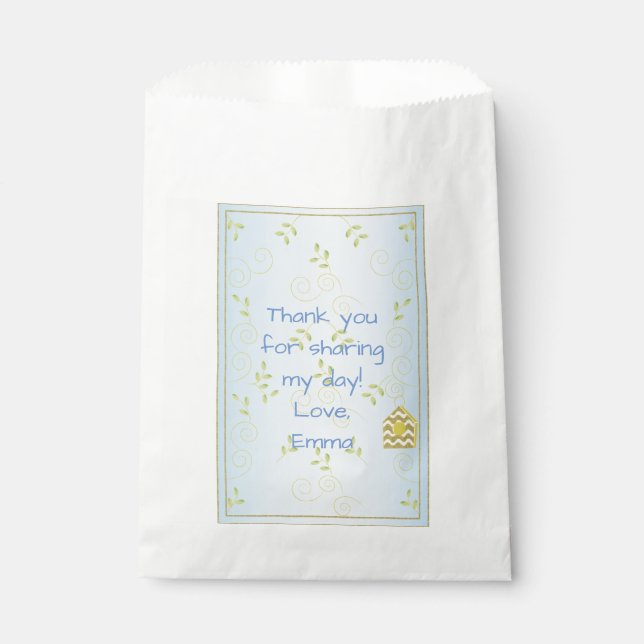 Baby Shower Favour Bag, Blue "Golden Birds" Bags (Front)