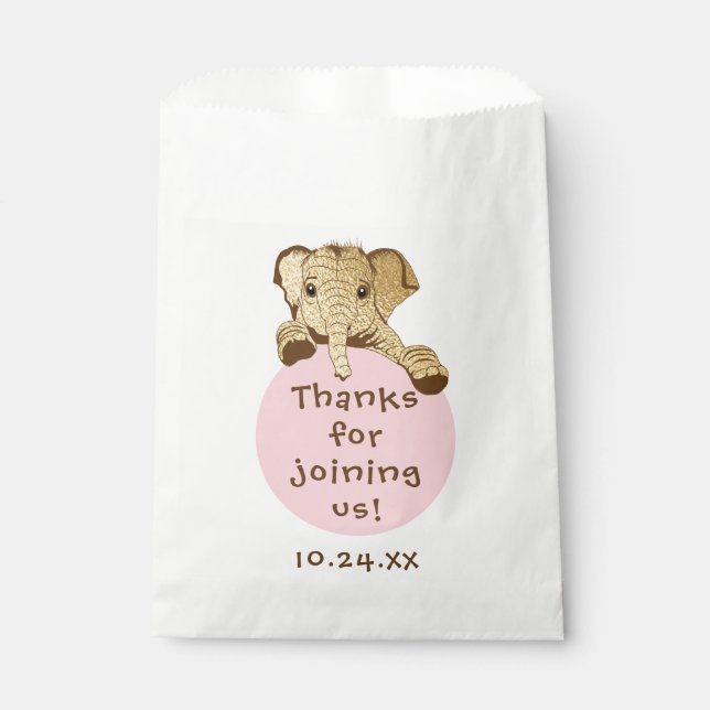 Baby Shower Favour Bag, Gold Pink Elephant Bags (Front)