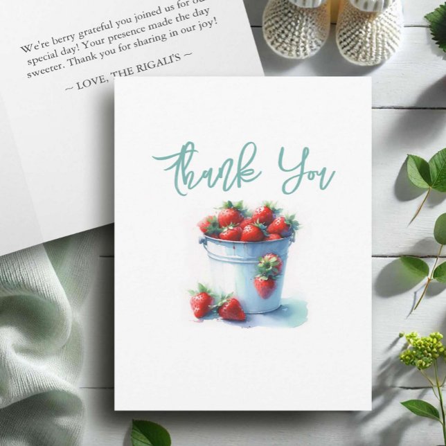 Baby Shower Favour Bags Watercolor Strawberries Thank You Card (Strawberry baby shower thank you cards for a berry sweet theme.)