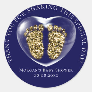Baby Shower Favour Bubble Heart Gold Feet Blue Classic Round Sticker