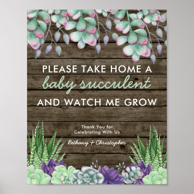 Baby Shower Favour Table Sign Rustic Succulents (Front)