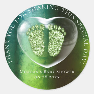 Baby Shower Favour Thank Glitter Heart Green Feet Classic Round Sticker