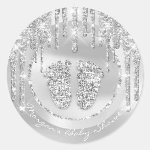 Baby Shower Feet Boy Girl Name Drips Grey Glitter Classic Round Sticker
