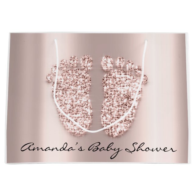 Baby Shower Feet Boy Girl Name Rose Pink Large Gift Bag (Front)