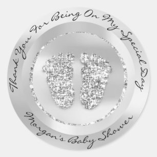 Baby Shower Feet Boy Girl Name Thank Grey Glitter Classic Round Sticker
