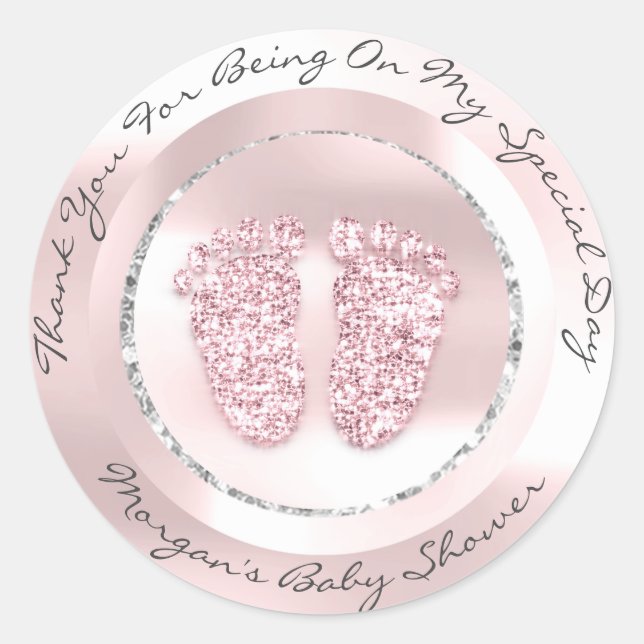 Baby Shower Feet Girl Name Thank Grey Lux Pink Classic Round Sticker (Front)