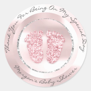Baby Shower Feet Girl Name Thank Grey Rose Pink Classic Round Sticker