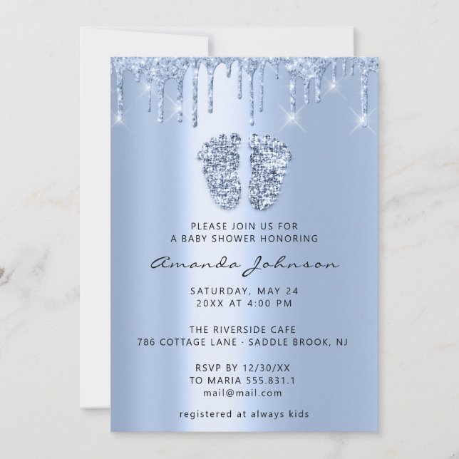 Baby Shower Feet Glitter Baby Blue Drips  Boy Girl Invitation (Front)