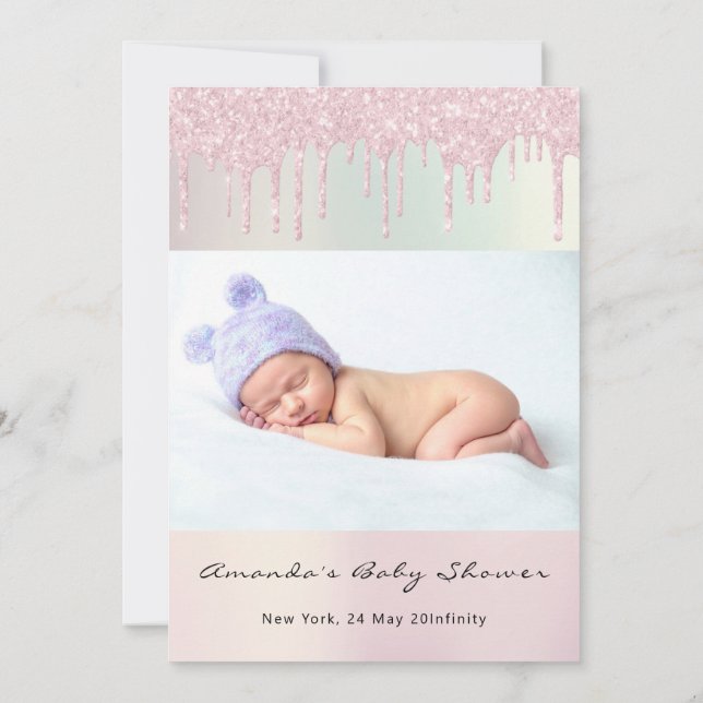 Baby Shower Feet Glitter PastelDrip Photo Boy Girl Invitation (Back)