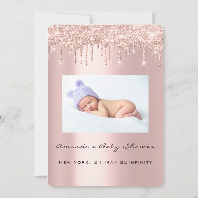 Baby Shower Feet Glitter Pink Drips Photo Boy Girl Invitation (Back)