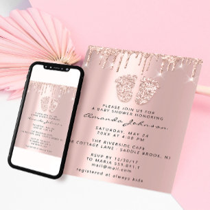 Baby Shower Feet Glitter Pink Drips Photo Boy Girl Invitation