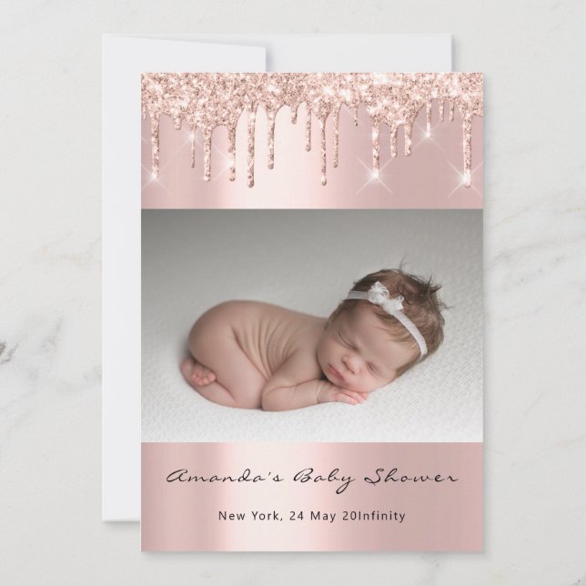 Baby Shower Feet Glitter Pink Drips Photo Boy Girl Invitation (Back)