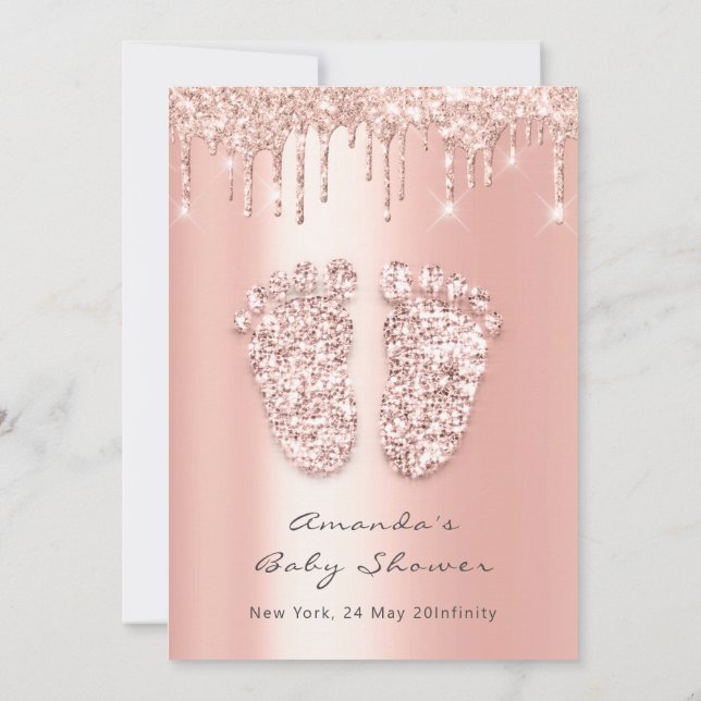 Baby Shower Feet Glitter Rose Drips Photo Boy Girl Invitation (Back)