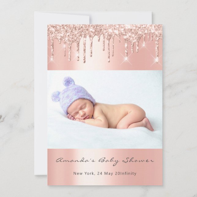 Baby Shower Feet Glitter Rose Drips Photo Boy Girl Invitation (Back)