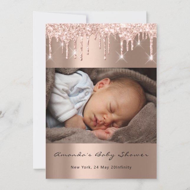 Baby Shower Feet Glitter Rose Drips Photo Boy Girl Invitation (Back)