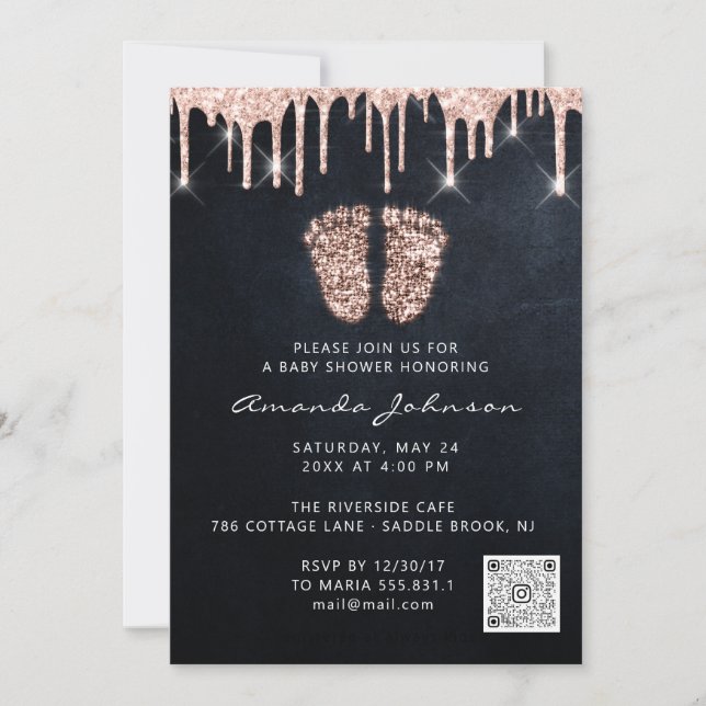 Baby Shower Feet Glitter Rose Gold Drip QRBoy Girl Invitation (Front)
