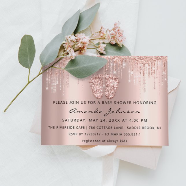 Baby Shower Feet Glitter Rose Gold Drips  Boy Girl Invitation (Baby Shower Feet Glitter Rose Gold Drips Boy Girl Invitation)