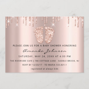 Baby Shower Feet Glitter Rose Gold Drips  Boy Girl Invitation