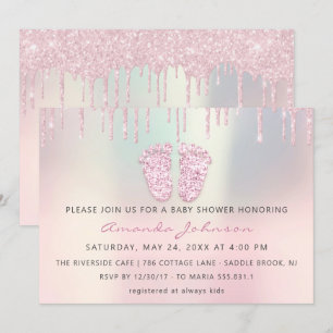 Baby Shower Feet Glitter Rose Pink Drips  Boy Girl Invitation