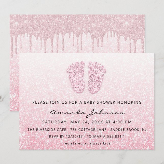 Baby Shower Feet Glitter Rose Pink Drips OmbreGirl Invitation (Front/Back)