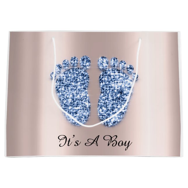 Baby Shower Feet It’s A Boy Blue Navy Rose Large Gift Bag (Front)