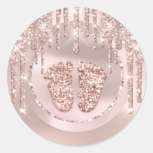 Baby Shower Feet Pink Lux Drips Rose Glitter Classic Round Sticker